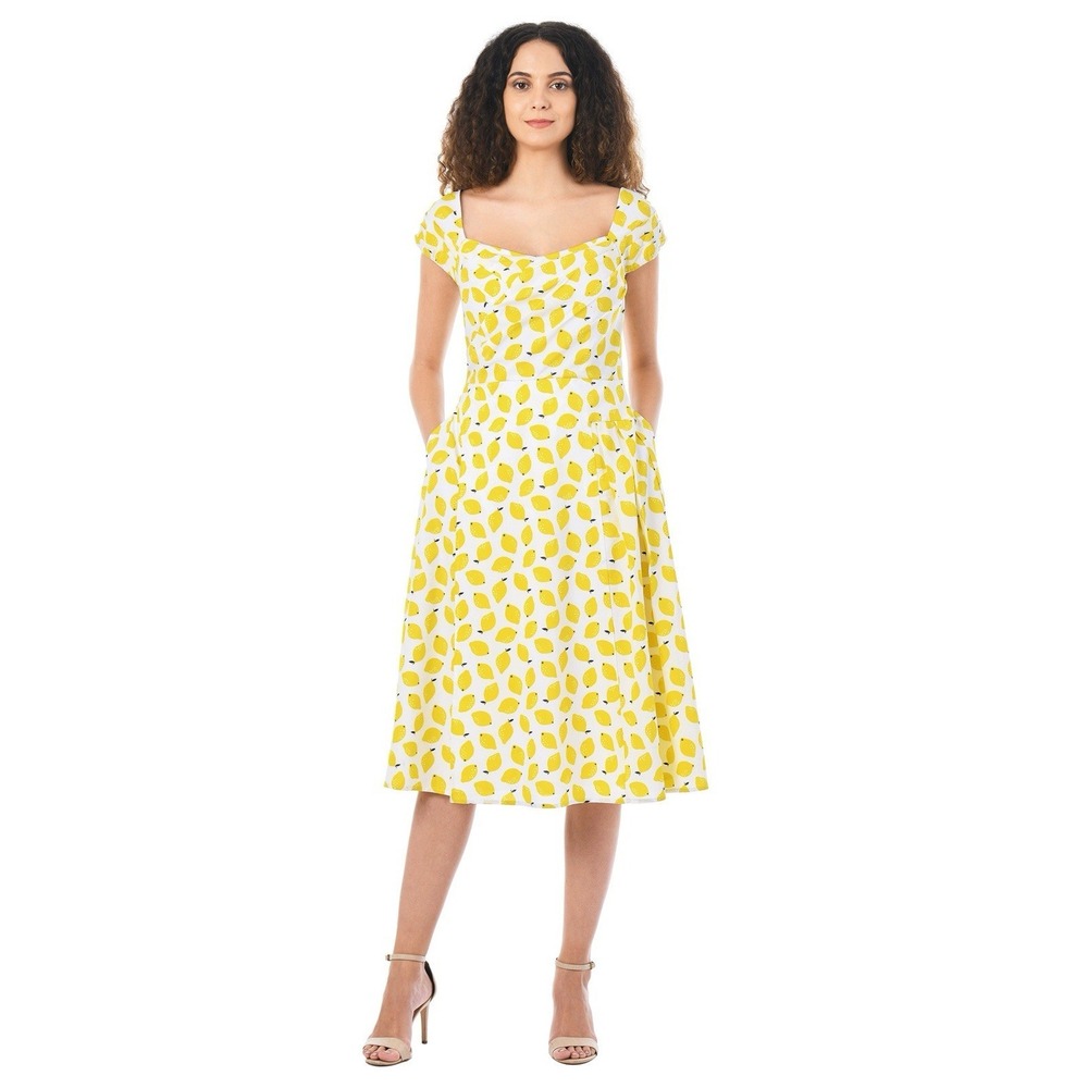 Eshakti Womens Sweetheart Lemon Print Cotton Dress Sz‎ L Yellow Amalfi Summer